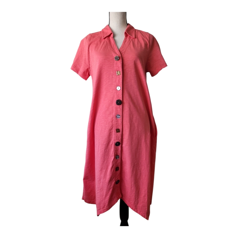 💕Soft Surroundings Womens Sz M Sunset Coral Artsy Button Down Danielle CottDre‎
